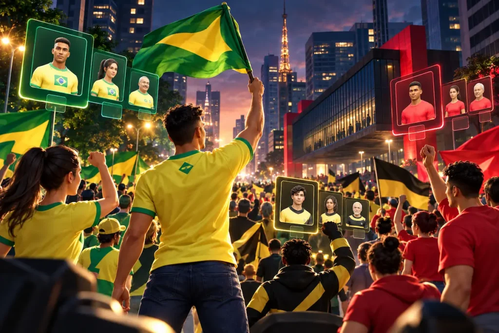 Ilustração de manifestação virtual na Avenida Paulista, com avatares 3D, bandeiras coloridas e painéis digitais representando os grupos do jogo Paulista Livre.