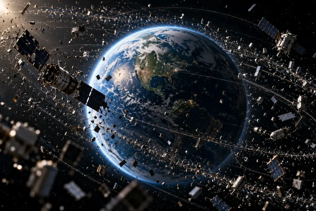 Ilustração da Terra cercada por satélites danificados e fragmentos de lixo espacial, representando o risco de colisões em cadeia da Síndrome de Kessler.