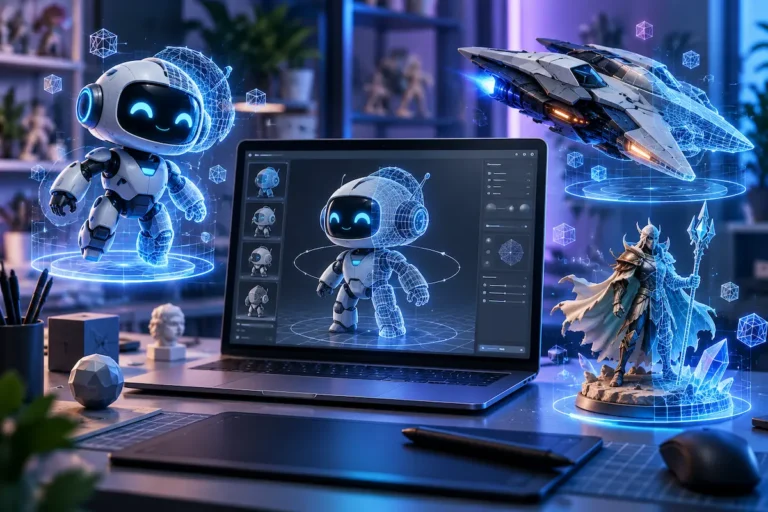 Intelig&ecirc;ncia artificial gerando modelos 3D de um rob&ocirc;, uma nave espacial e um personagem de fantasia em um computador.