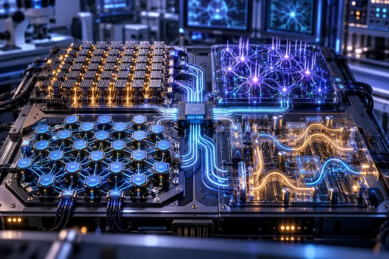 Quatro arquiteturas de computação neuromórfica conectadas em uma mesma plataforma de pesquisa, com matrizes digitais, rede de pulsos, processadores many-core e circuitos analógicos.