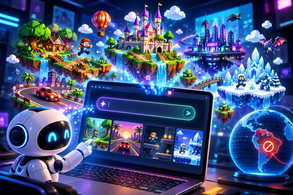 Ilustração do Google Playground mostrando uma inteligência artificial criando mundos de videogame em 3D e pixel art a partir de um notebook, com indicação de acesso restrito no Brasil.