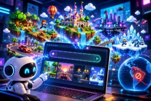 Ilustração do Google Playground mostrando uma inteligência artificial criando mundos de videogame em 3D e pixel art a partir de um notebook, com indicação de acesso restrito no Brasil.