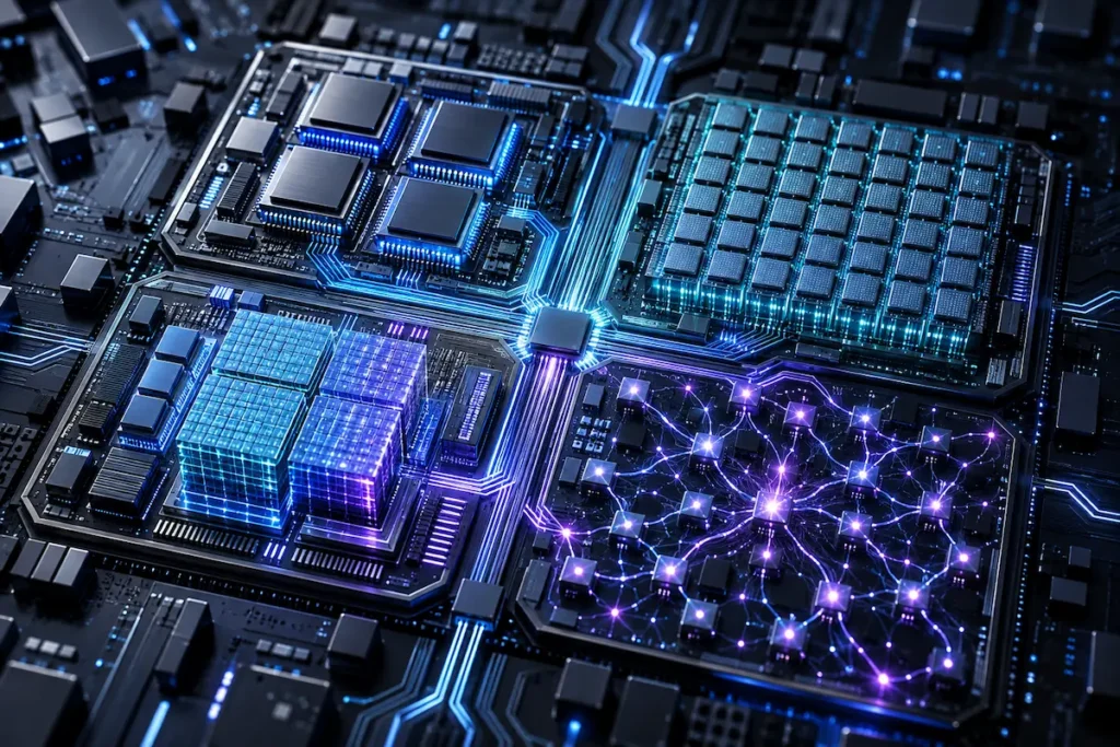 Arquiteturas de processamento CPU, GPU, NPU e chip neuromórfico conectadas em uma mesma placa, com núcleos paralelos, aceleradores de IA e rede de nós pulsantes.