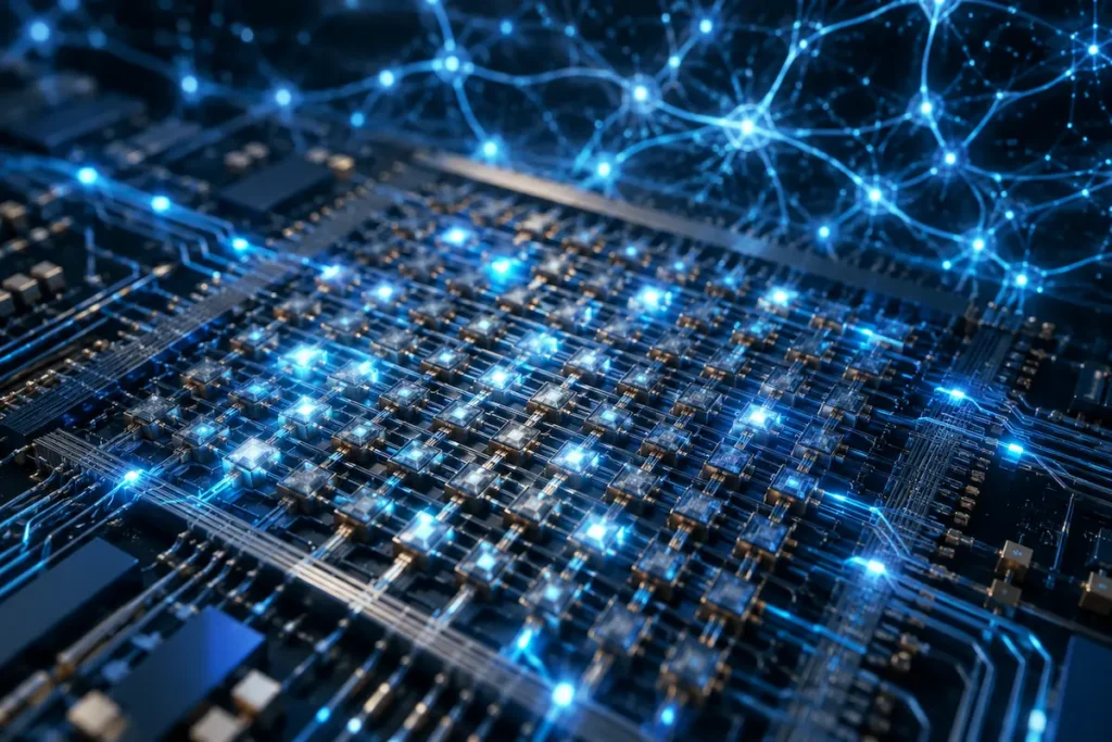 Matriz de memristores em um circuito neuromórfico, com diferentes níveis de condutância e conexões luminosas que representam sinapses artificiais e processamento em memória.