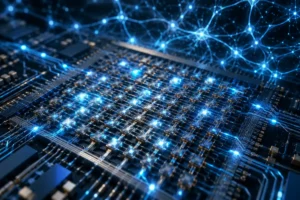 Matriz de memristores em um circuito neuromórfico, com diferentes níveis de condutância e conexões luminosas que representam sinapses artificiais e processamento em memória.