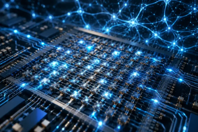 Matriz de memristores em um circuito neuromórfico, com diferentes níveis de condutância e conexões luminosas que representam sinapses artificiais e processamento em memória.