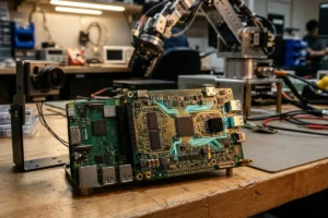 Placa de expansão Raspberry Pi AI HAT+ com acelerador neural Hailo conectada ao barramento PCIe do Raspberry Pi 5 em bancada maker.