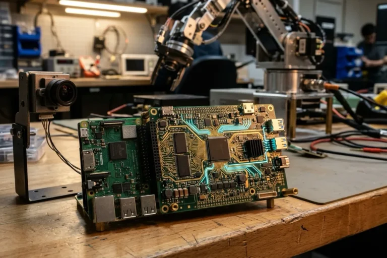 Placa de expansão Raspberry Pi AI HAT+ com acelerador neural Hailo conectada ao barramento PCIe do Raspberry Pi 5 em bancada maker.